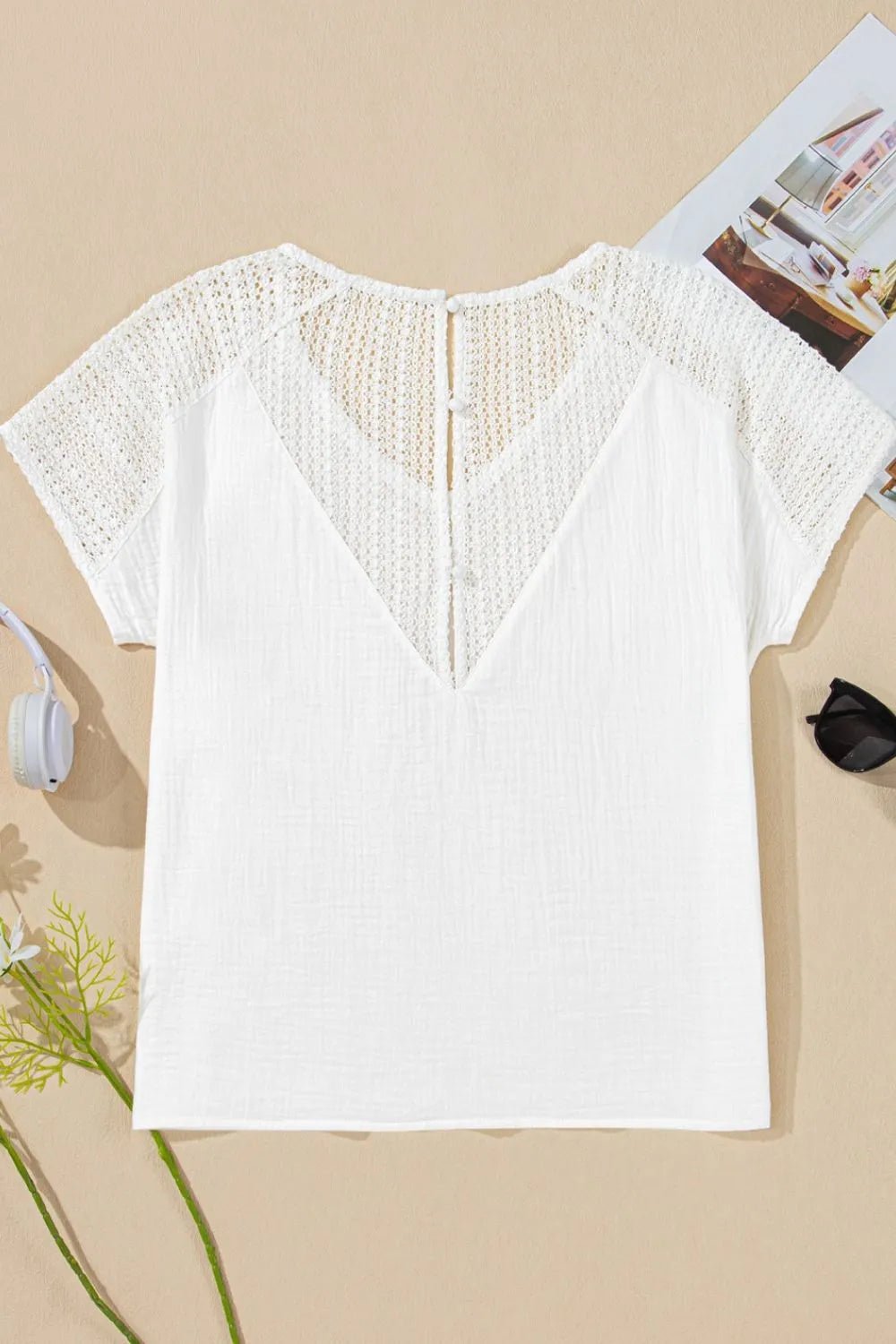 Lace Crochet Textured Button Back V Neck T Shirt - Chic Elegance