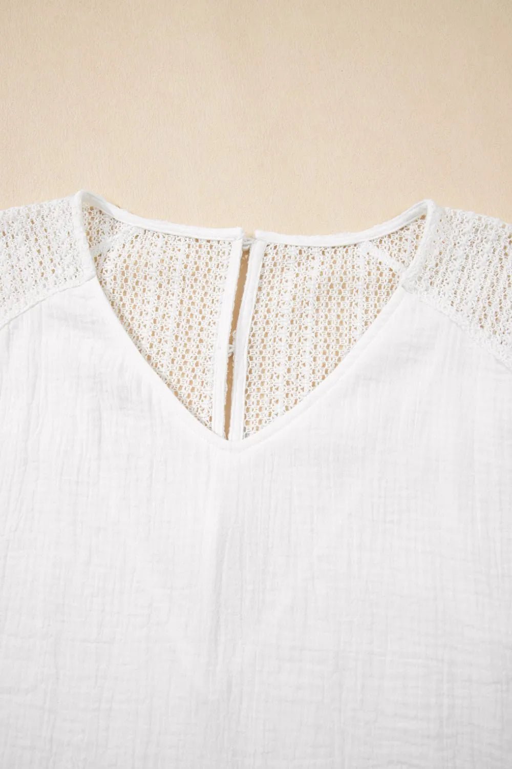 Lace Crochet Textured Button Back V Neck T Shirt - Chic Elegance