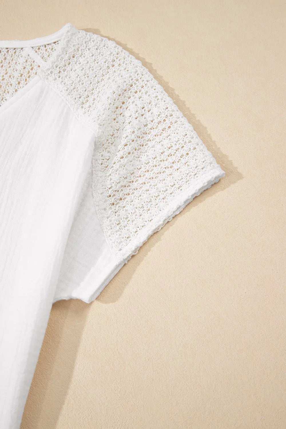 Lace Crochet Textured Button Back V Neck T Shirt - Chic Elegance