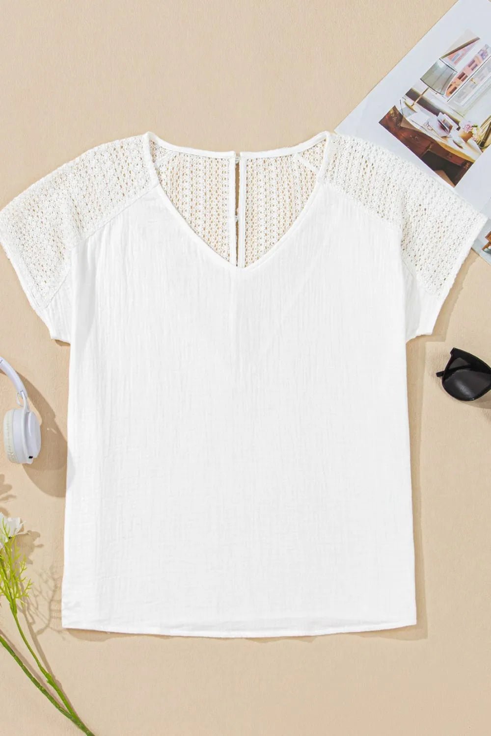Lace Crochet Textured Button Back V Neck T Shirt - Chic Elegance