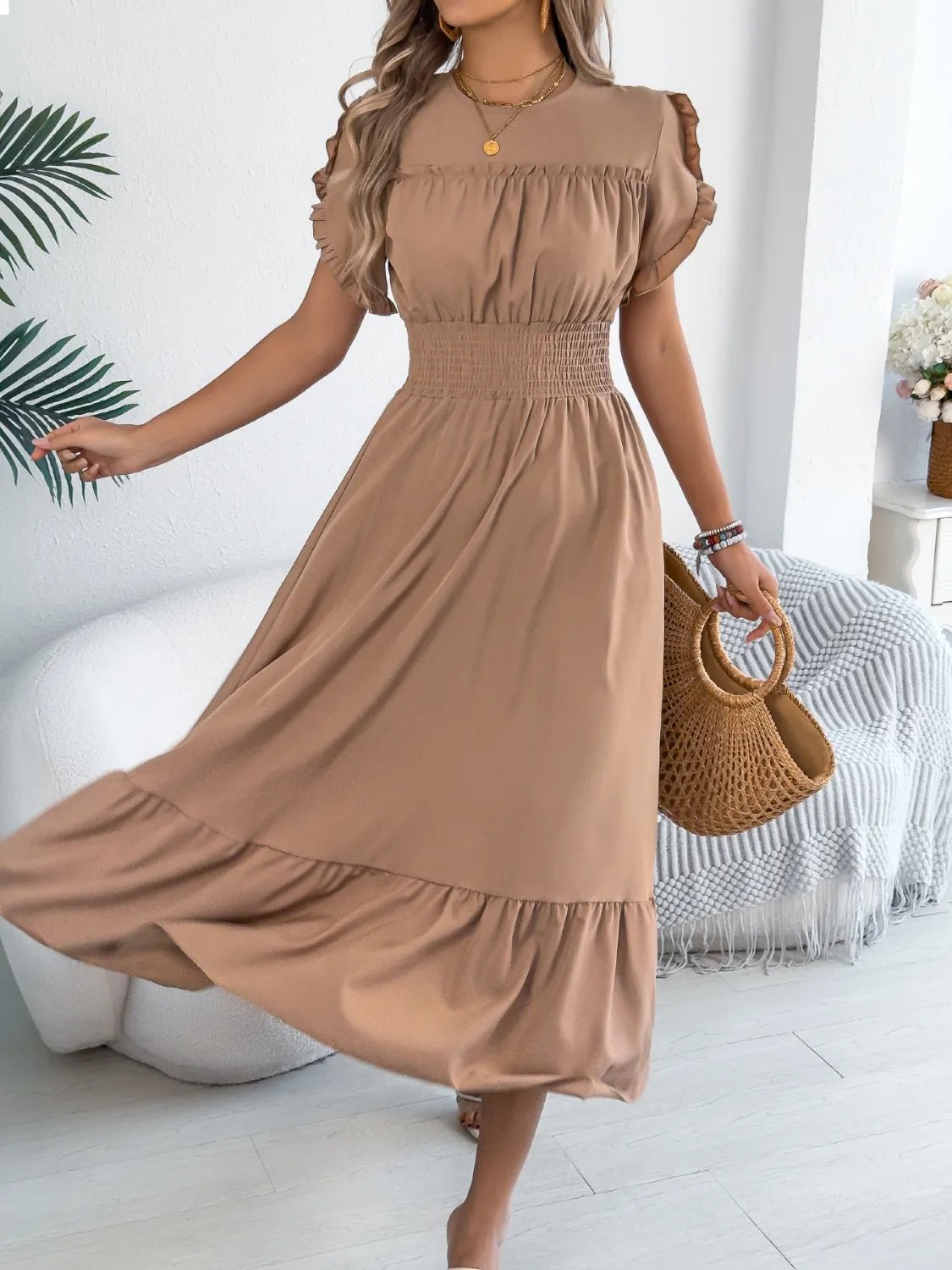 Smocked Frill Round Neck Midi Dress - Chic Elegance