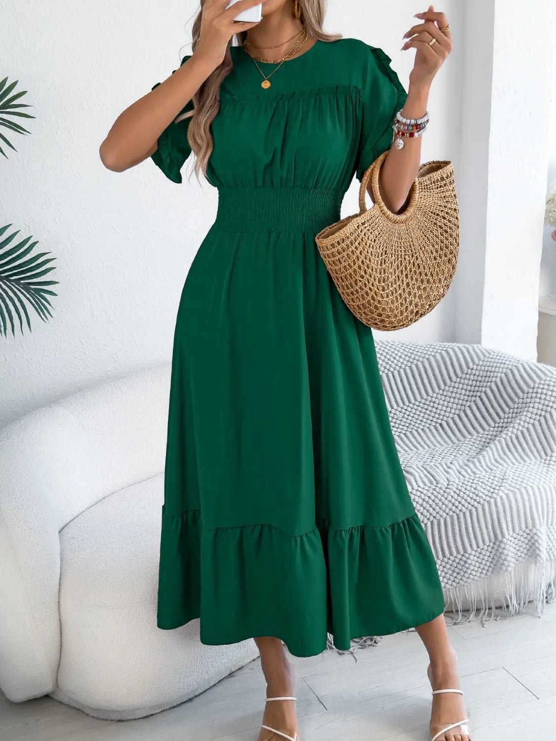 Smocked Frill Round Neck Midi Dress - Chic Elegance