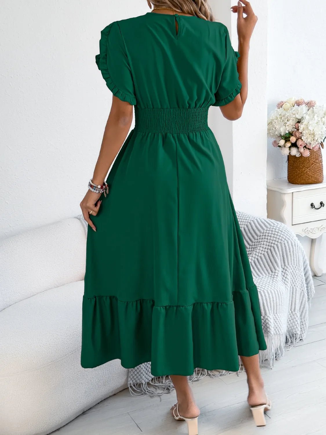 Smocked Frill Round Neck Midi Dress - Chic Elegance