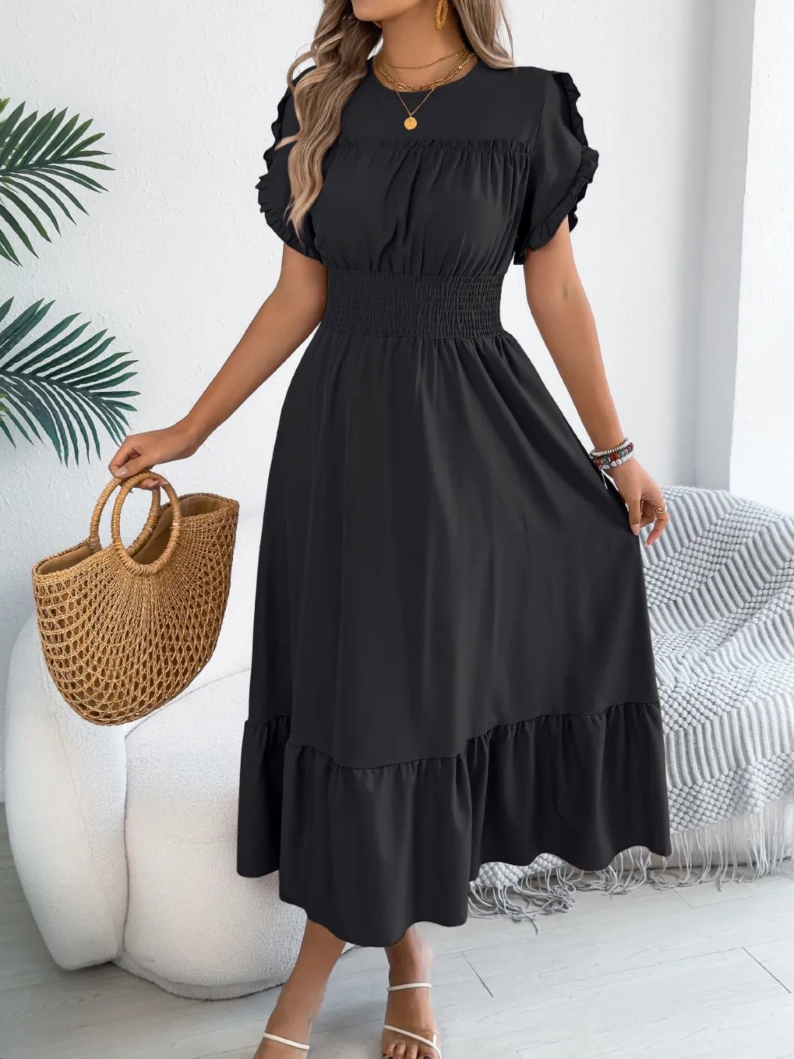 Smocked Frill Round Neck Midi Dress - Chic Elegance