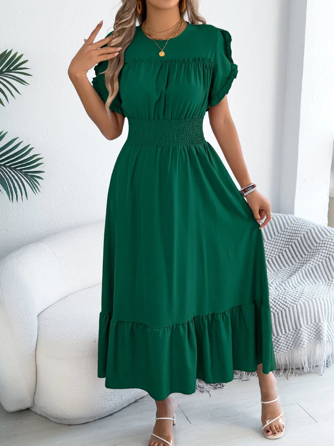 Smocked Frill Round Neck Midi Dress - Chic Elegance