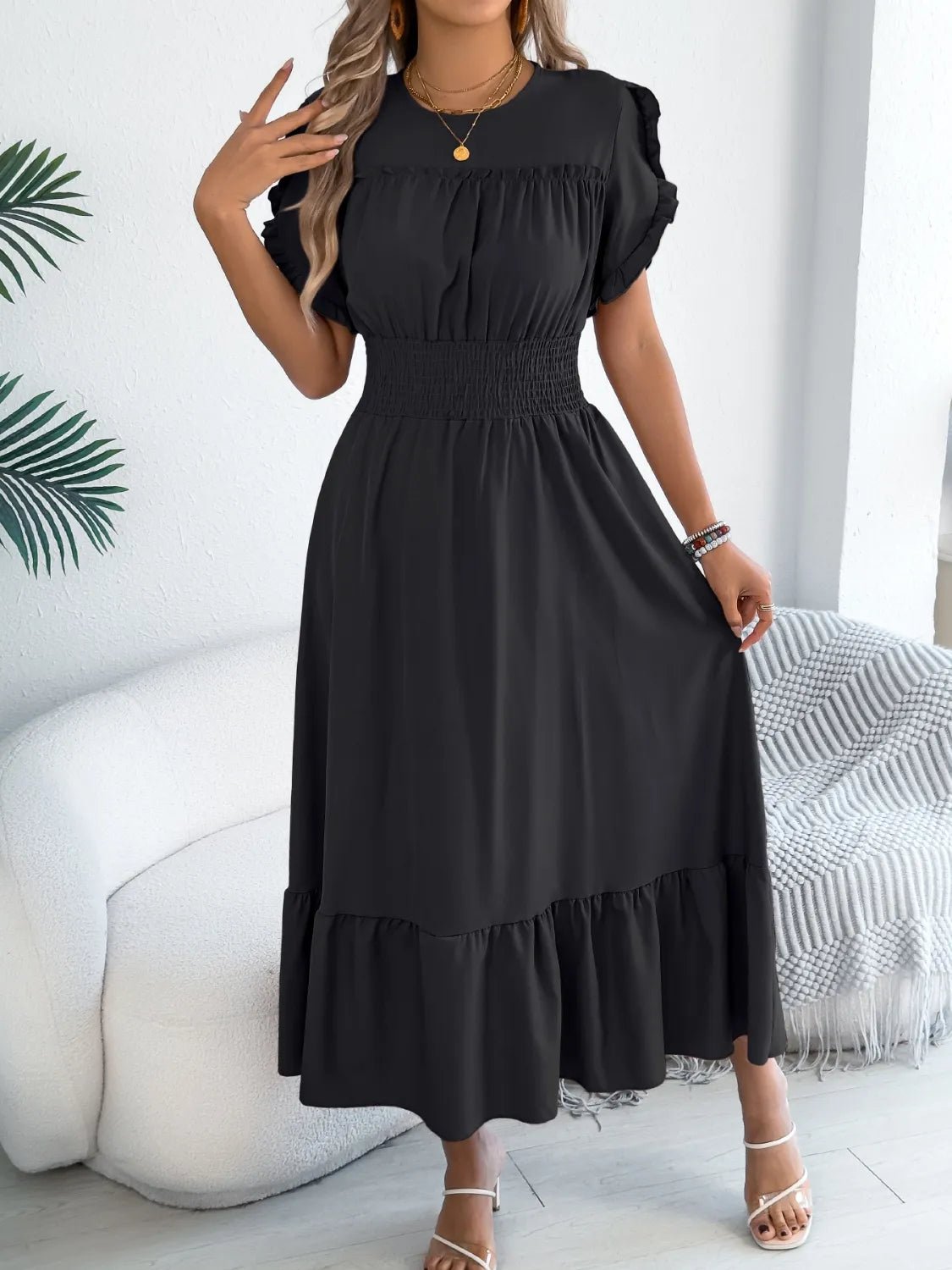 Smocked Frill Round Neck Midi Dress - Chic Elegance