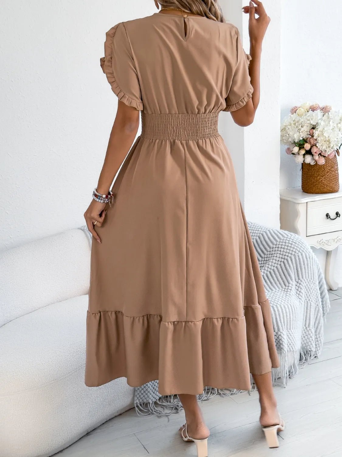 Smocked Frill Round Neck Midi Dress - Chic Elegance