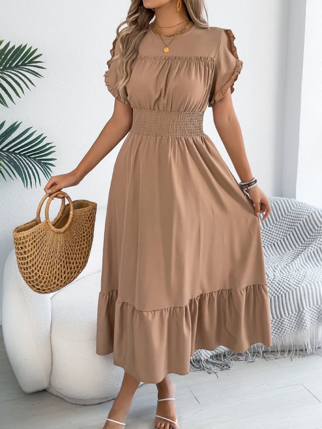 Smocked Frill Round Neck Midi Dress - Chic Elegance