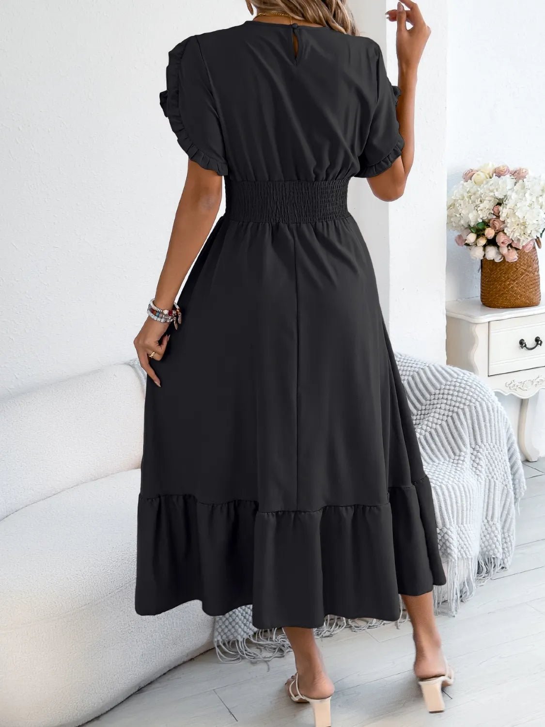 Smocked Frill Round Neck Midi Dress - Chic Elegance
