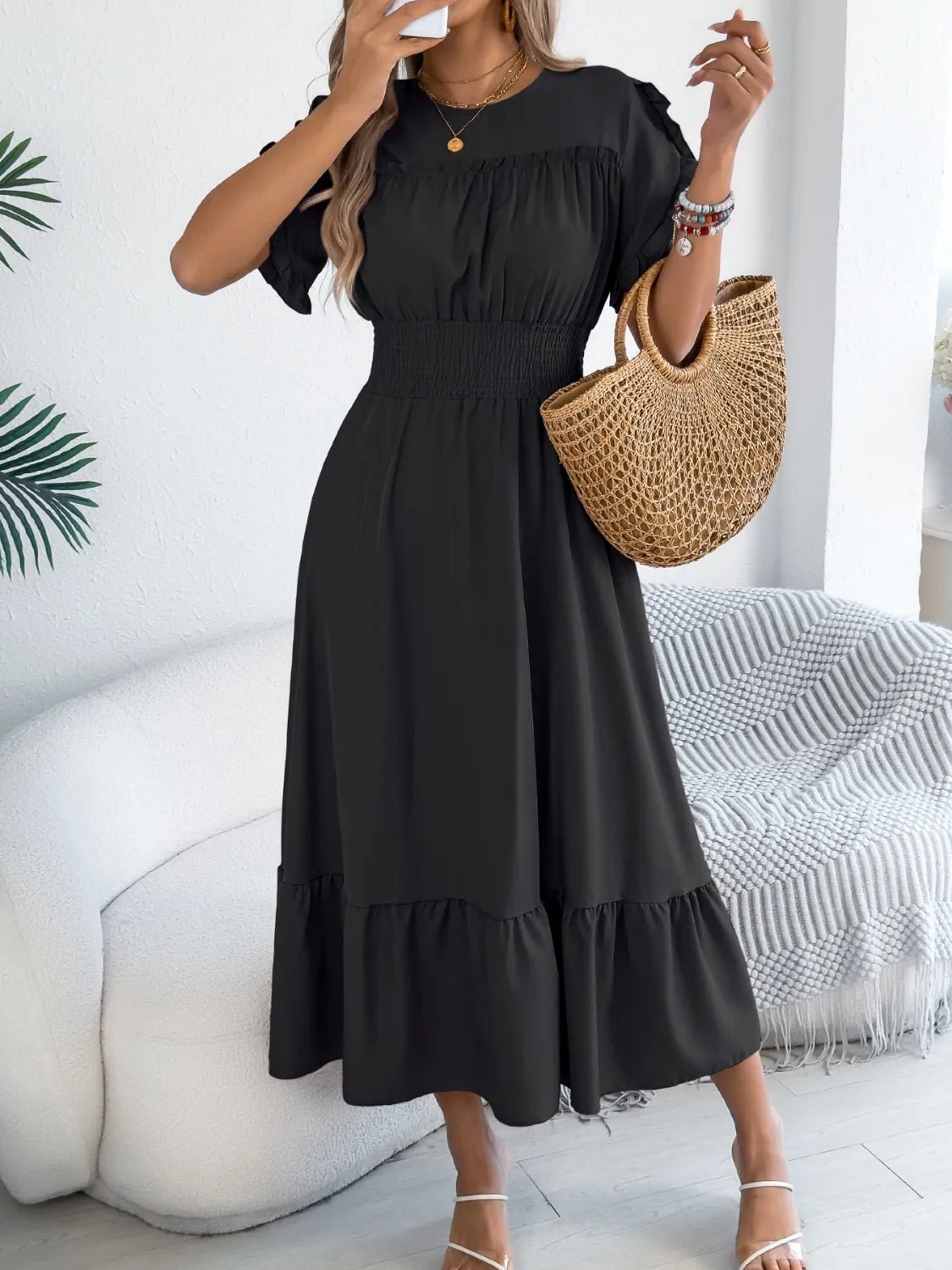 Smocked Frill Round Neck Midi Dress - Chic Elegance