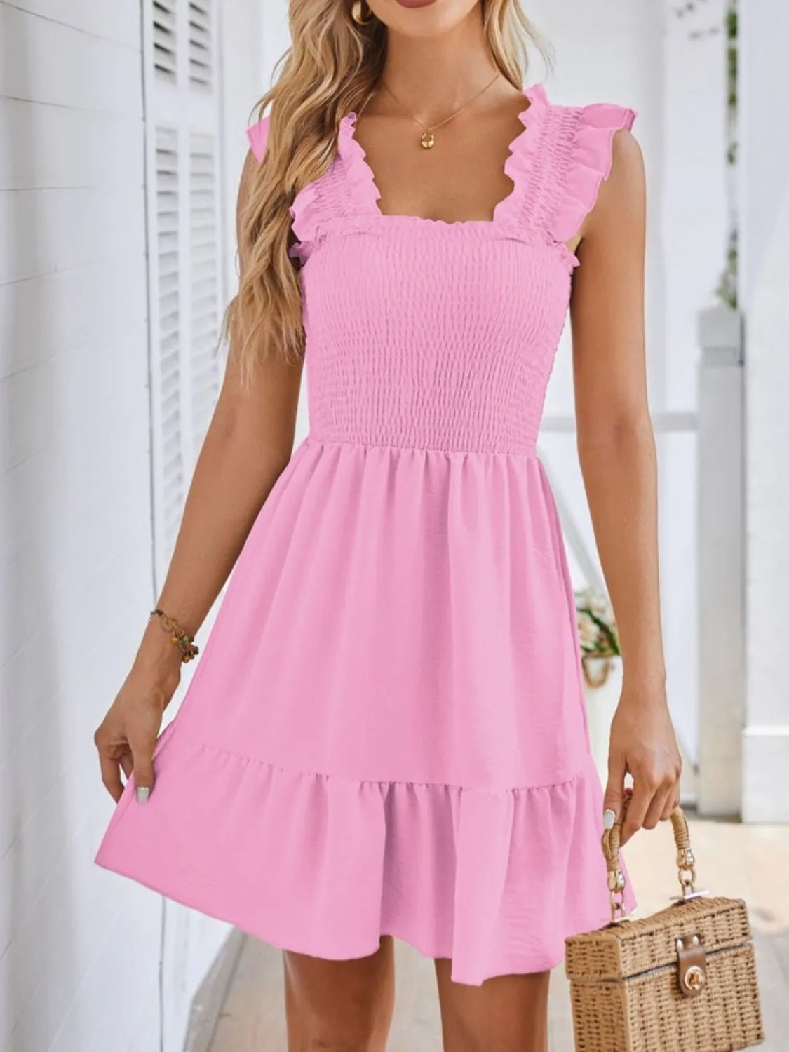 Smocked Square Neck Wide Strap Dress - Chic Elegance