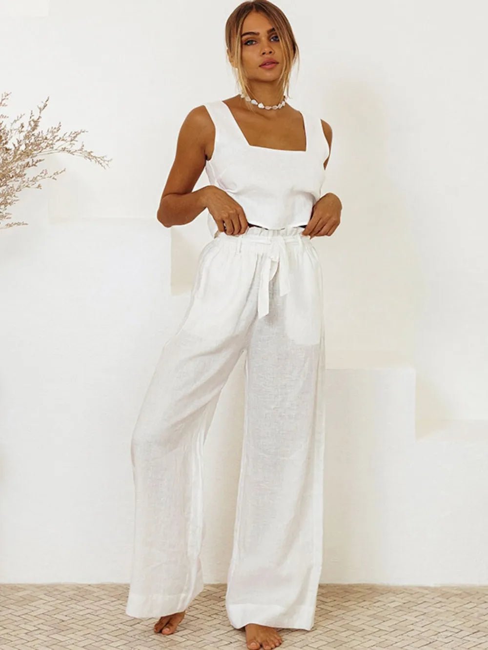 Square Neck Sleeveless Top and Pants Set - Chic Elegance