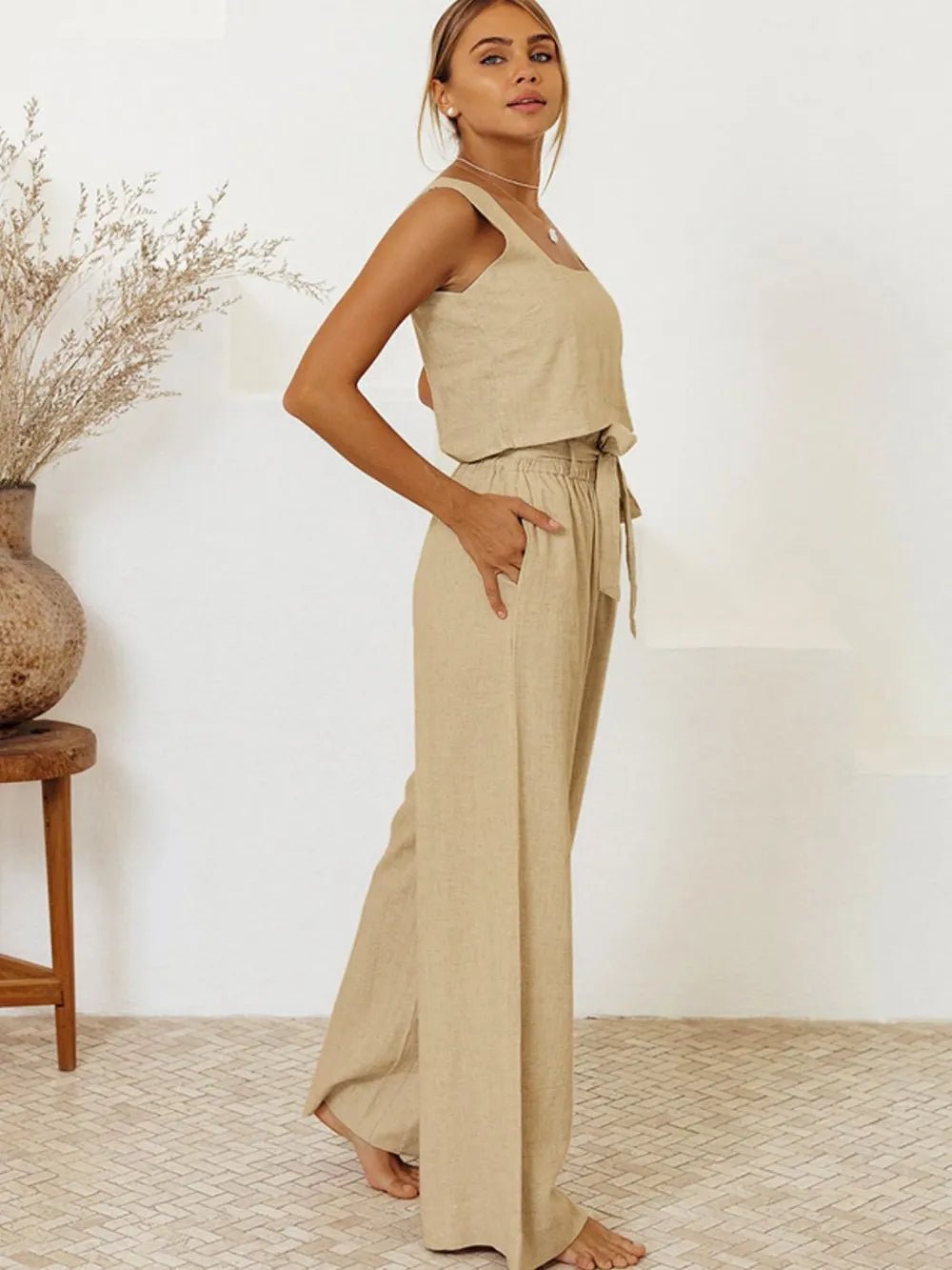 Square Neck Sleeveless Top and Pants Set - Chic Elegance