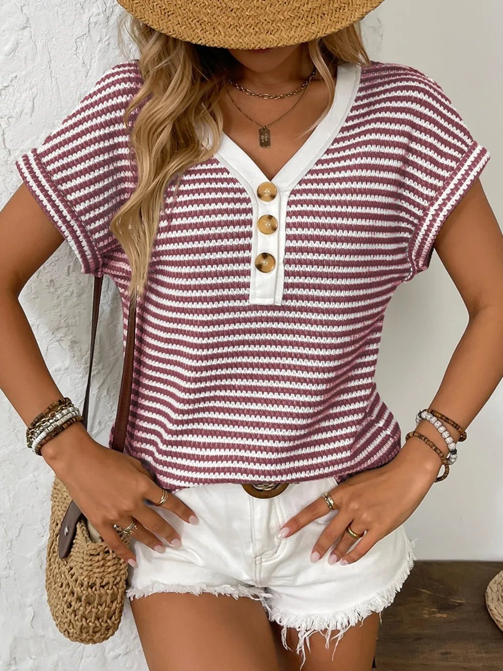 Striped V - Neck Short Sleeve T-Shirt - Chic Elegance
