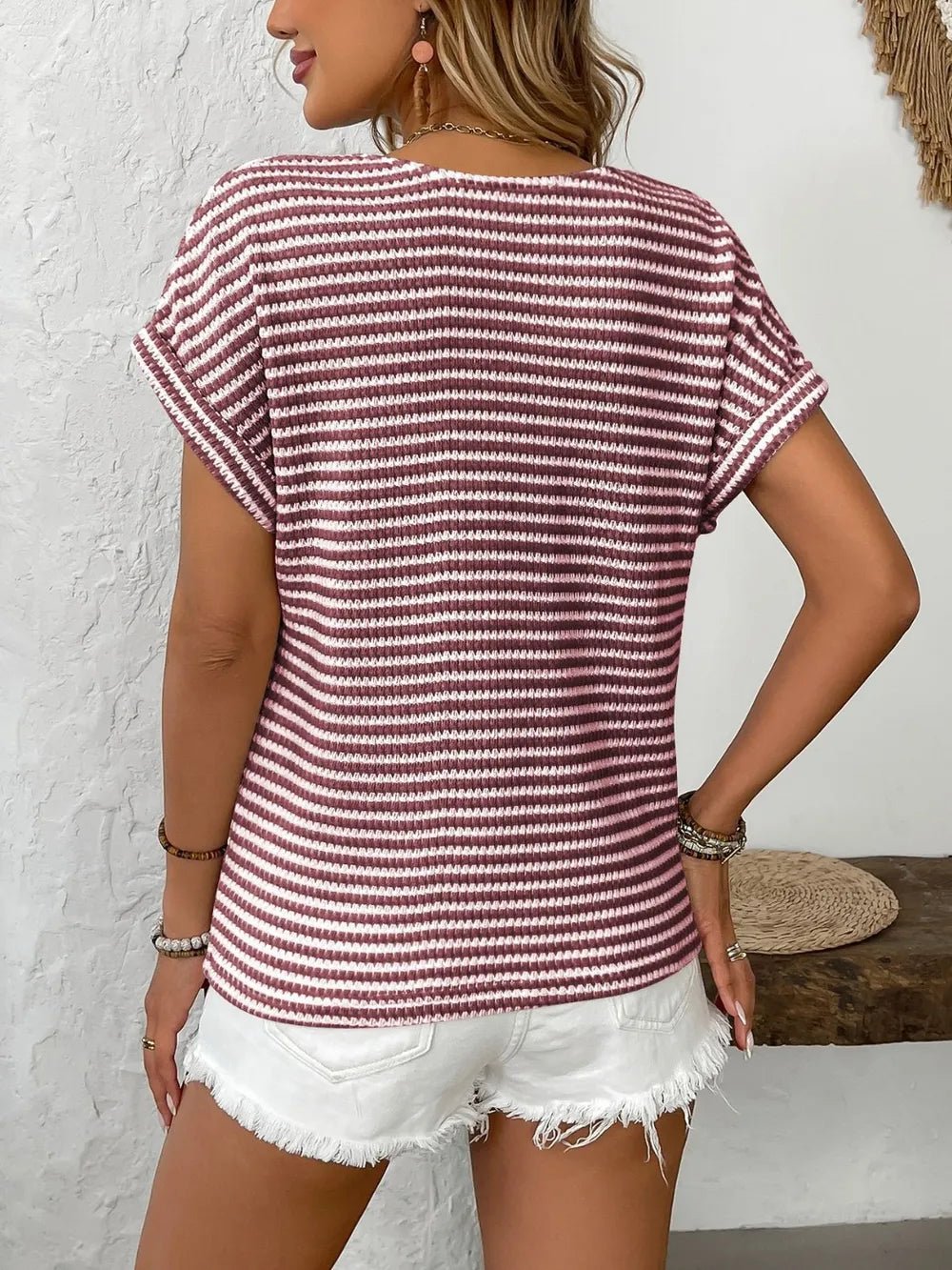 Striped V - Neck Short Sleeve T-Shirt - Chic Elegance