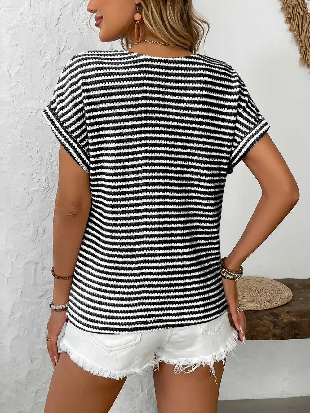 Striped V - Neck Short Sleeve T-Shirt - Chic Elegance