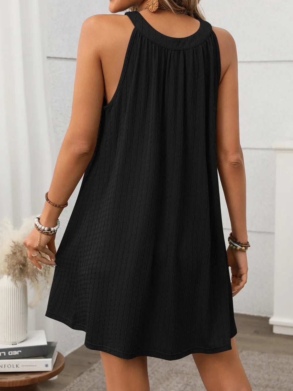 Textured Grecian Neck Mini Dress - Chic Elegance
