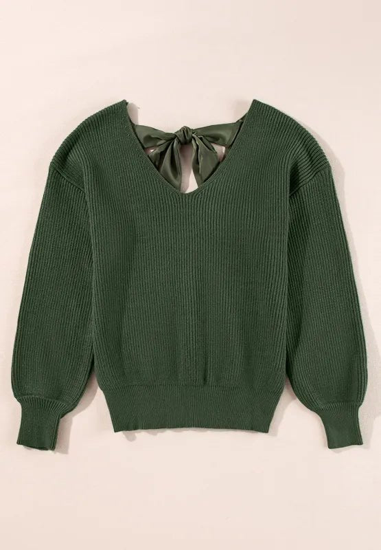 Tied Back V - Neck Long Sleeve Sweater - Chic Elegance