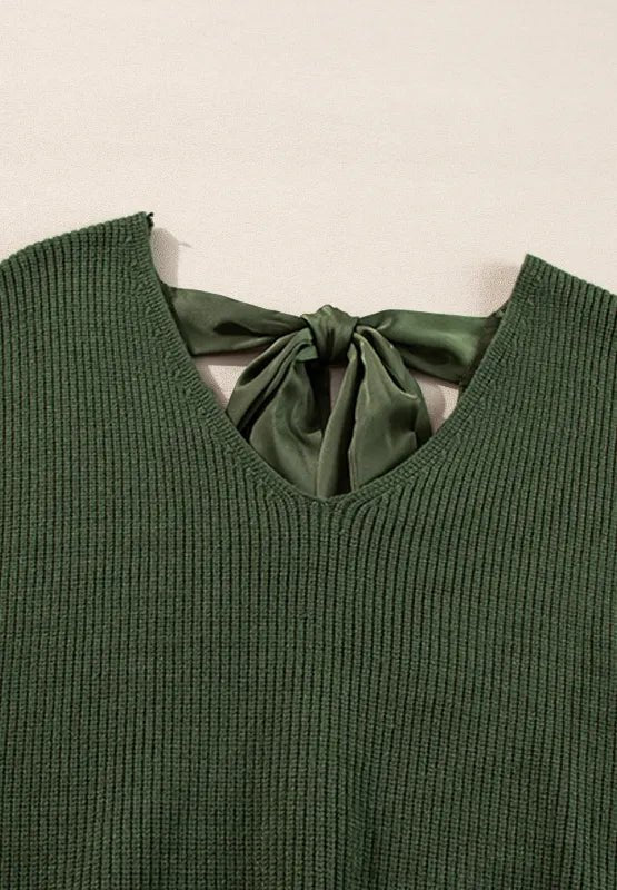 Tied Back V - Neck Long Sleeve Sweater - Chic Elegance