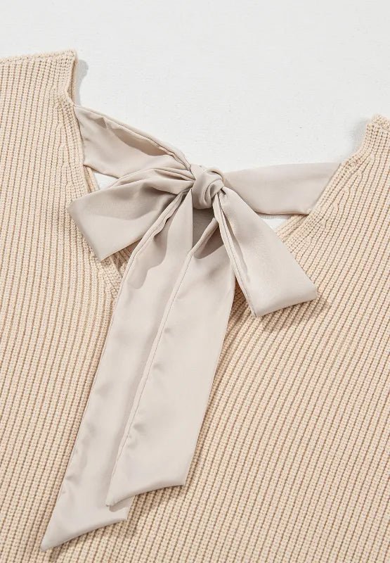 Tied Back V - Neck Long Sleeve Sweater - Chic Elegance
