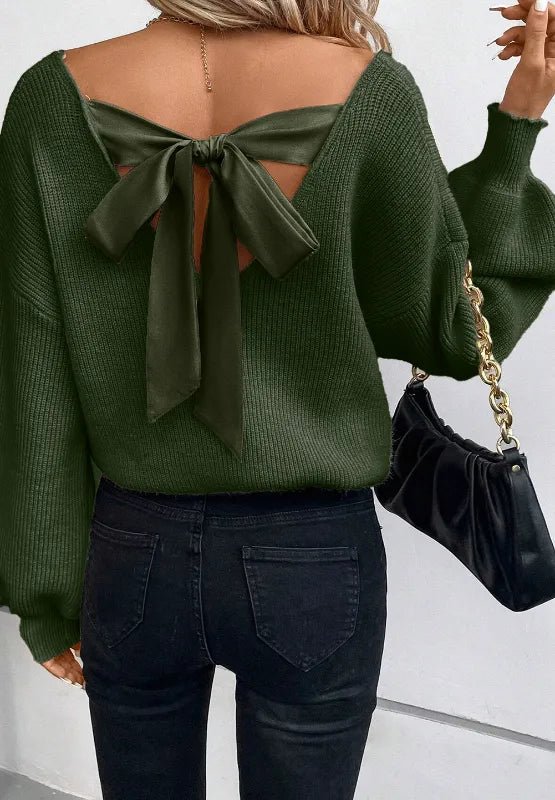Tied Back V - Neck Long Sleeve Sweater - Chic Elegance