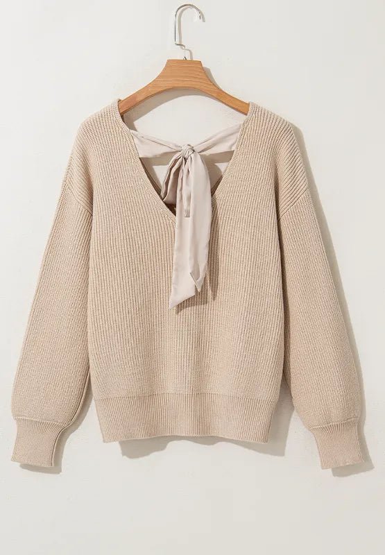 Tied Back V - Neck Long Sleeve Sweater - Chic Elegance