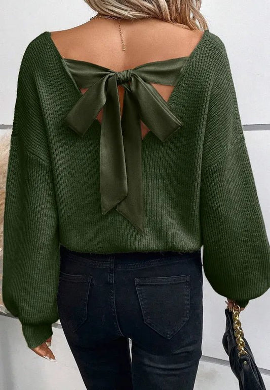 Tied Back V - Neck Long Sleeve Sweater - Chic Elegance