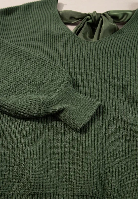 Tied Back V - Neck Long Sleeve Sweater - Chic Elegance