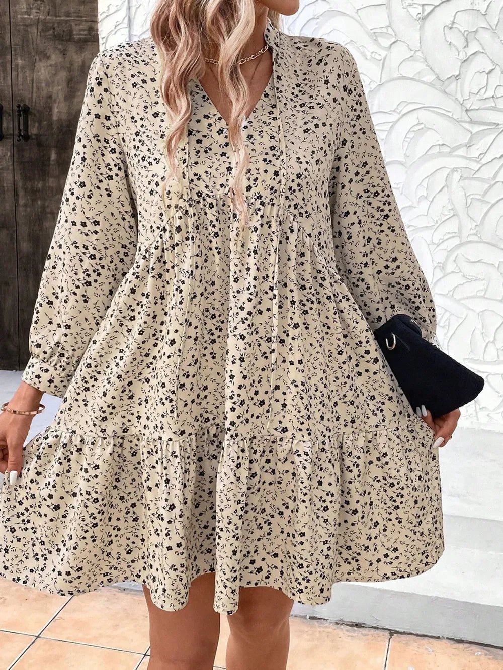 Tied Printed Long Sleeve Mini Dress - Chic Elegance