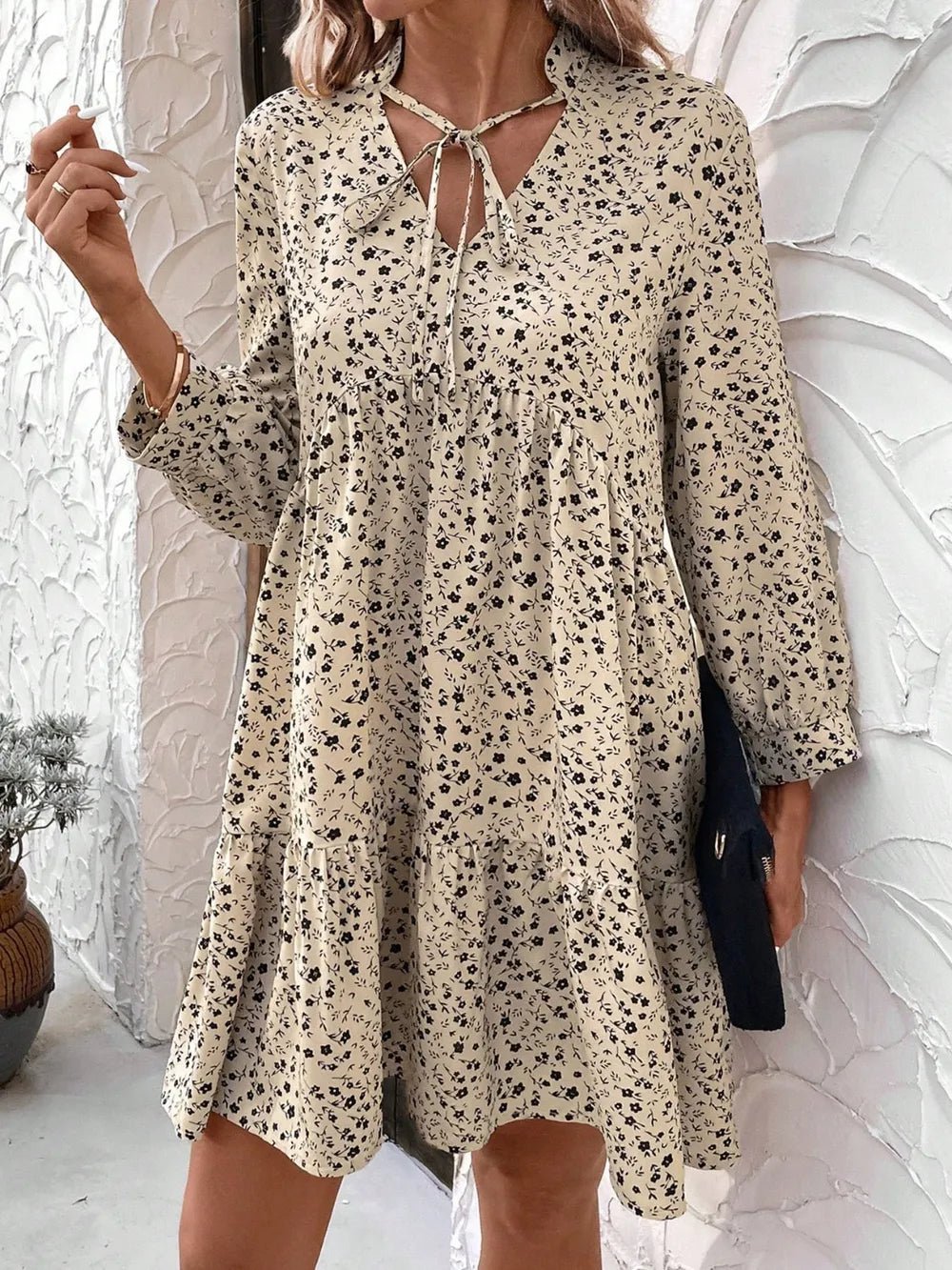 Tied Printed Long Sleeve Mini Dress - Chic Elegance