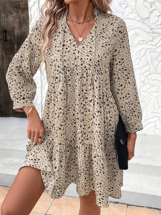 Tied Printed Long Sleeve Mini Dress - Chic Elegance