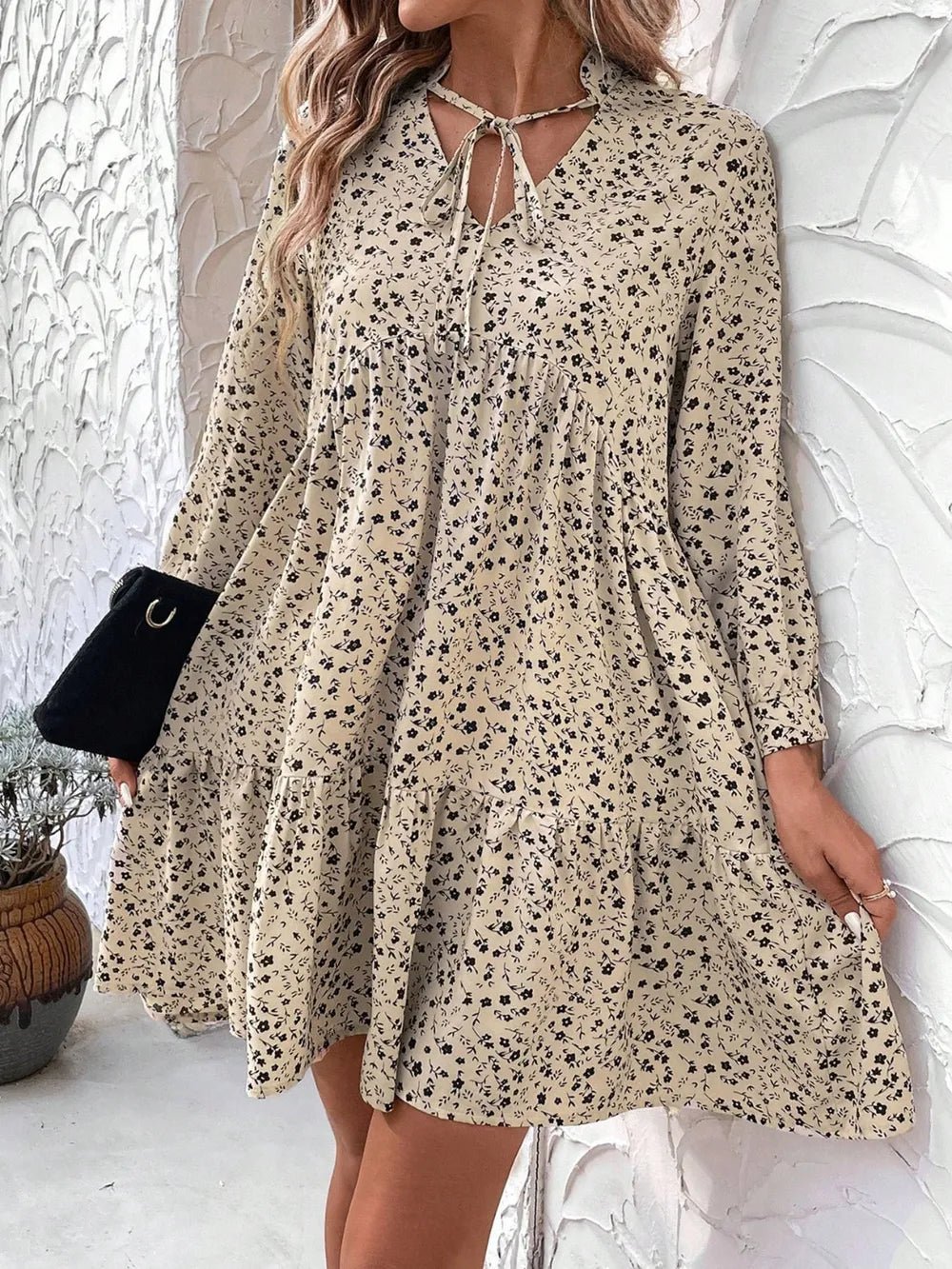 Tied Printed Long Sleeve Mini Dress - Chic Elegance