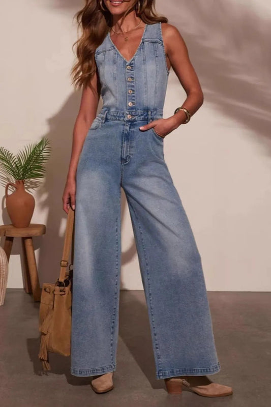 V - neck Wide Leg Denim Jumpsuit - Chic Elegance