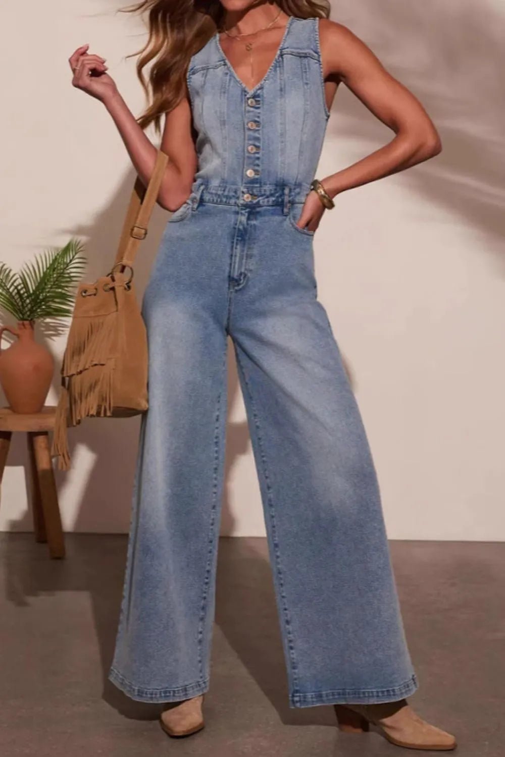 V - neck Wide Leg Denim Jumpsuit - Chic Elegance