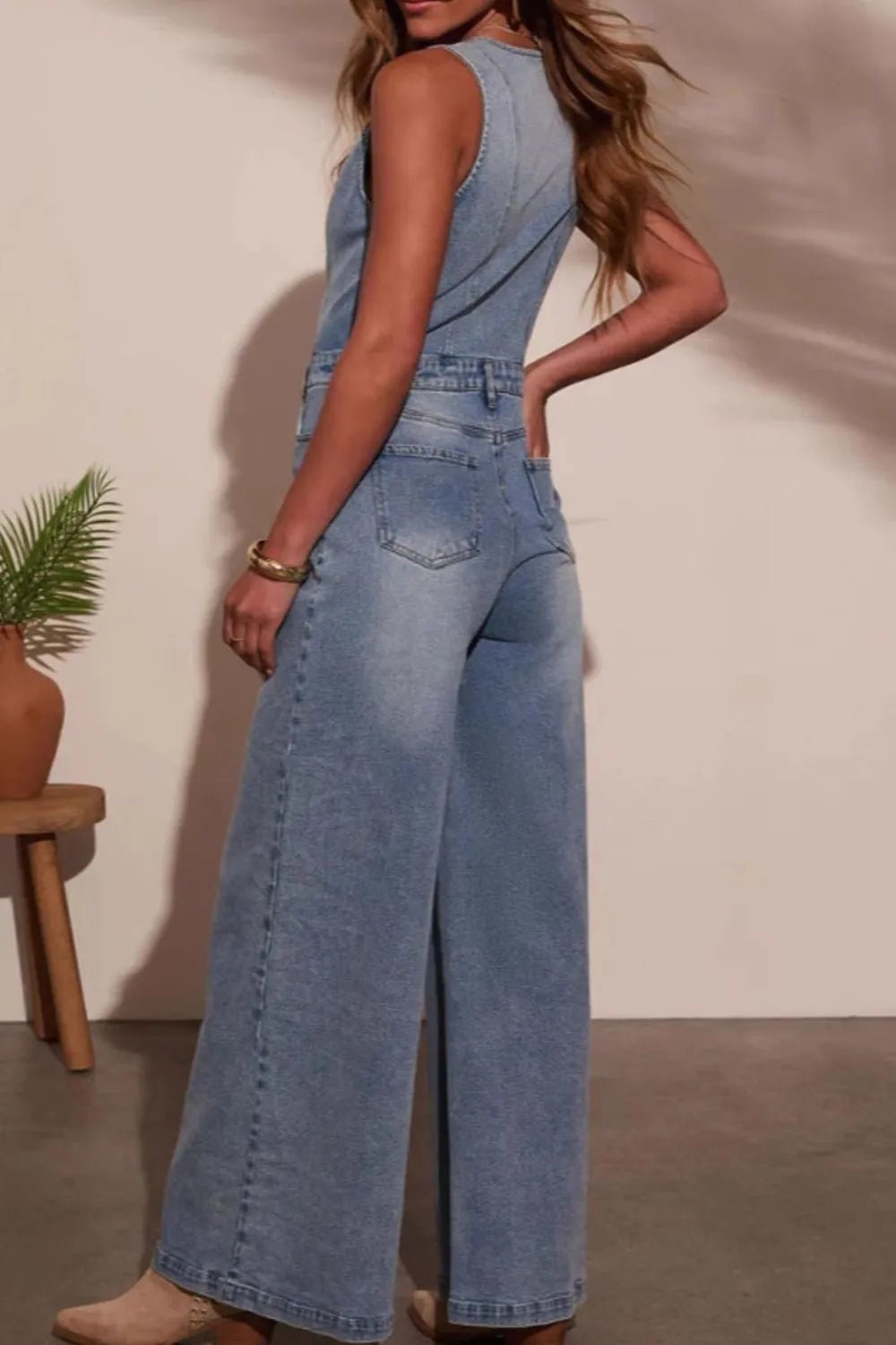 V - neck Wide Leg Denim Jumpsuit - Chic Elegance