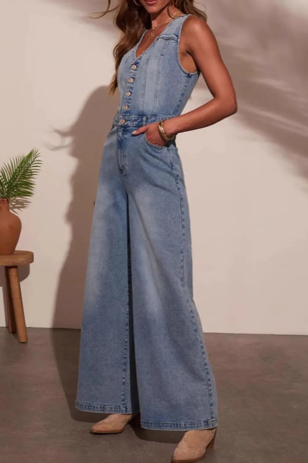 V - neck Wide Leg Denim Jumpsuit - Chic Elegance