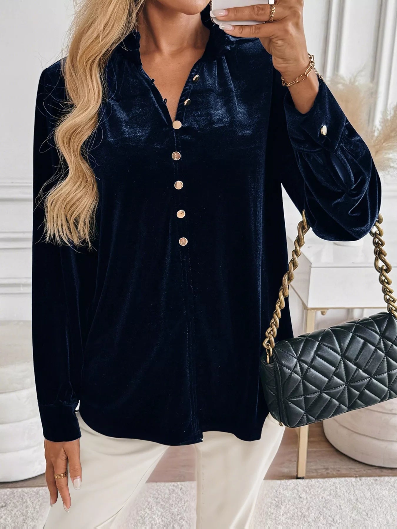 Velvet Button Front Long Sleeve Blouse - Chic Elegance