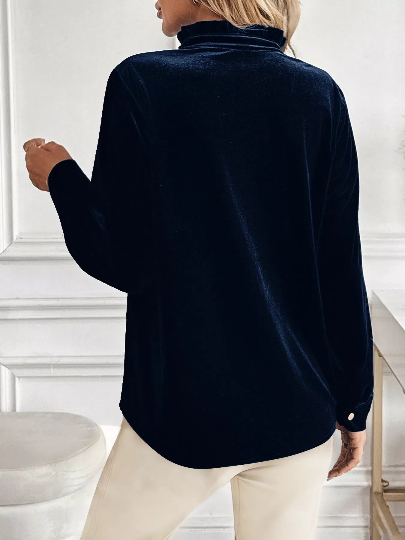 Velvet Button Front Long Sleeve Blouse - Chic Elegance