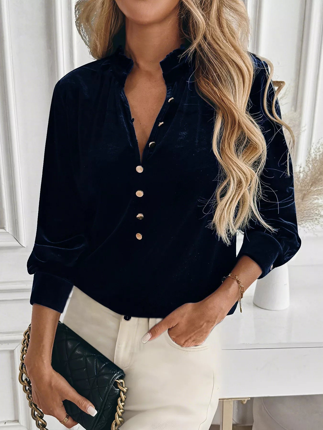 Velvet Button Front Long Sleeve Blouse - Chic Elegance