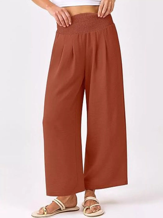 Wide Leg Smocked High Waist Pants - Chic Elegance