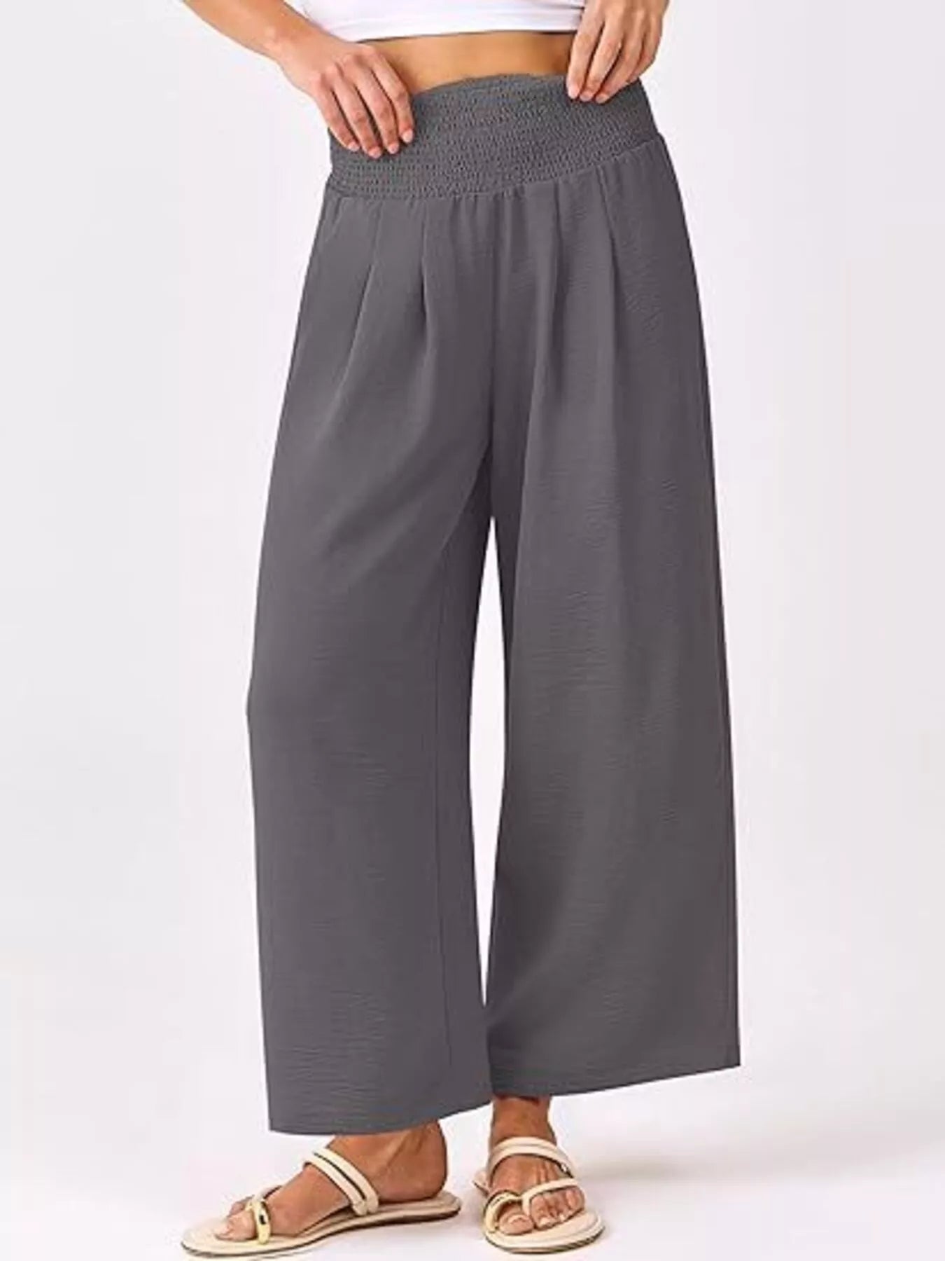 Wide Leg Smocked High Waist Pants - Chic Elegance